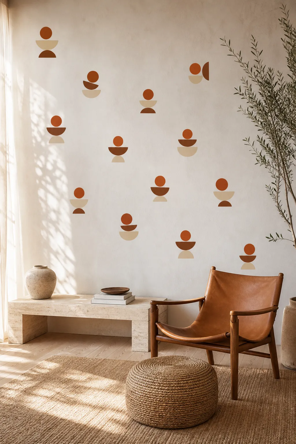 Terracotta geometric wall decals adding warmth to a neutral interior