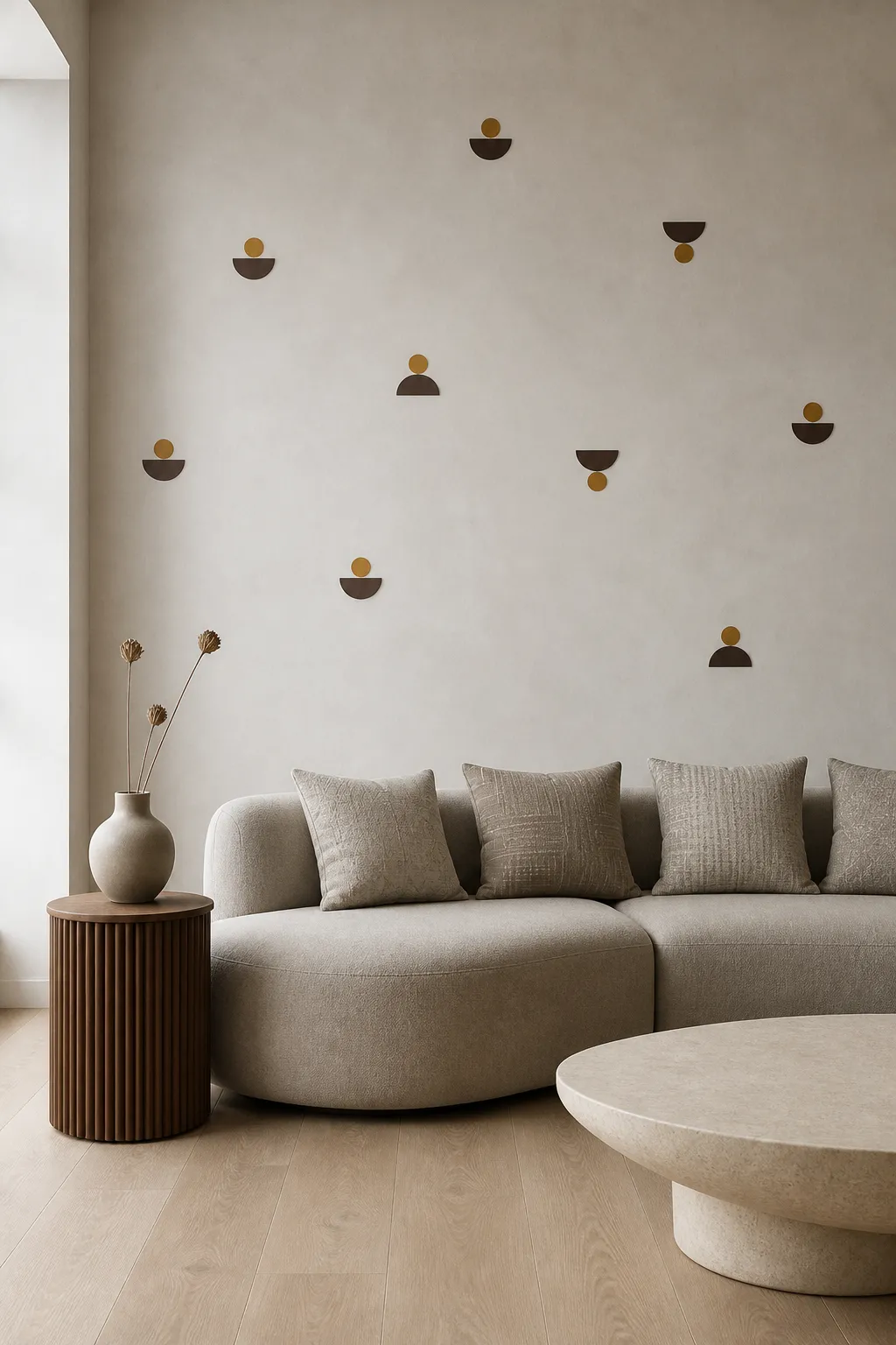 Minimal earth-tone symbol decals arranged on a calm neutral wall