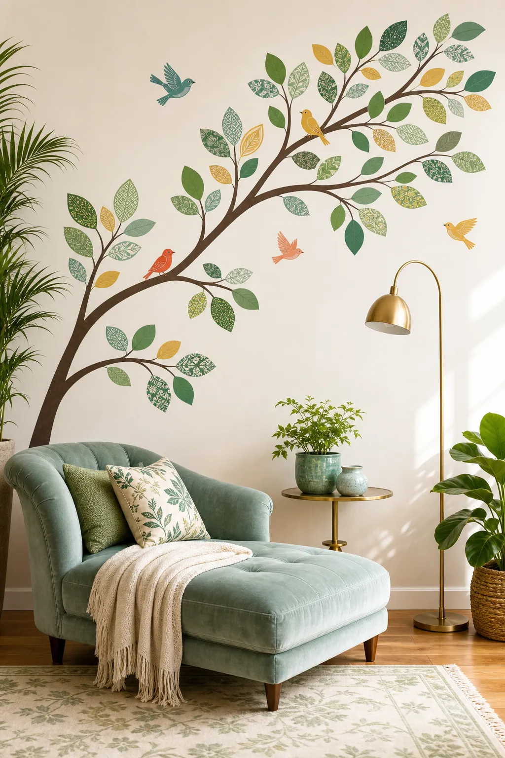 Colorful tree and bird wall decals creating a lively nature scene