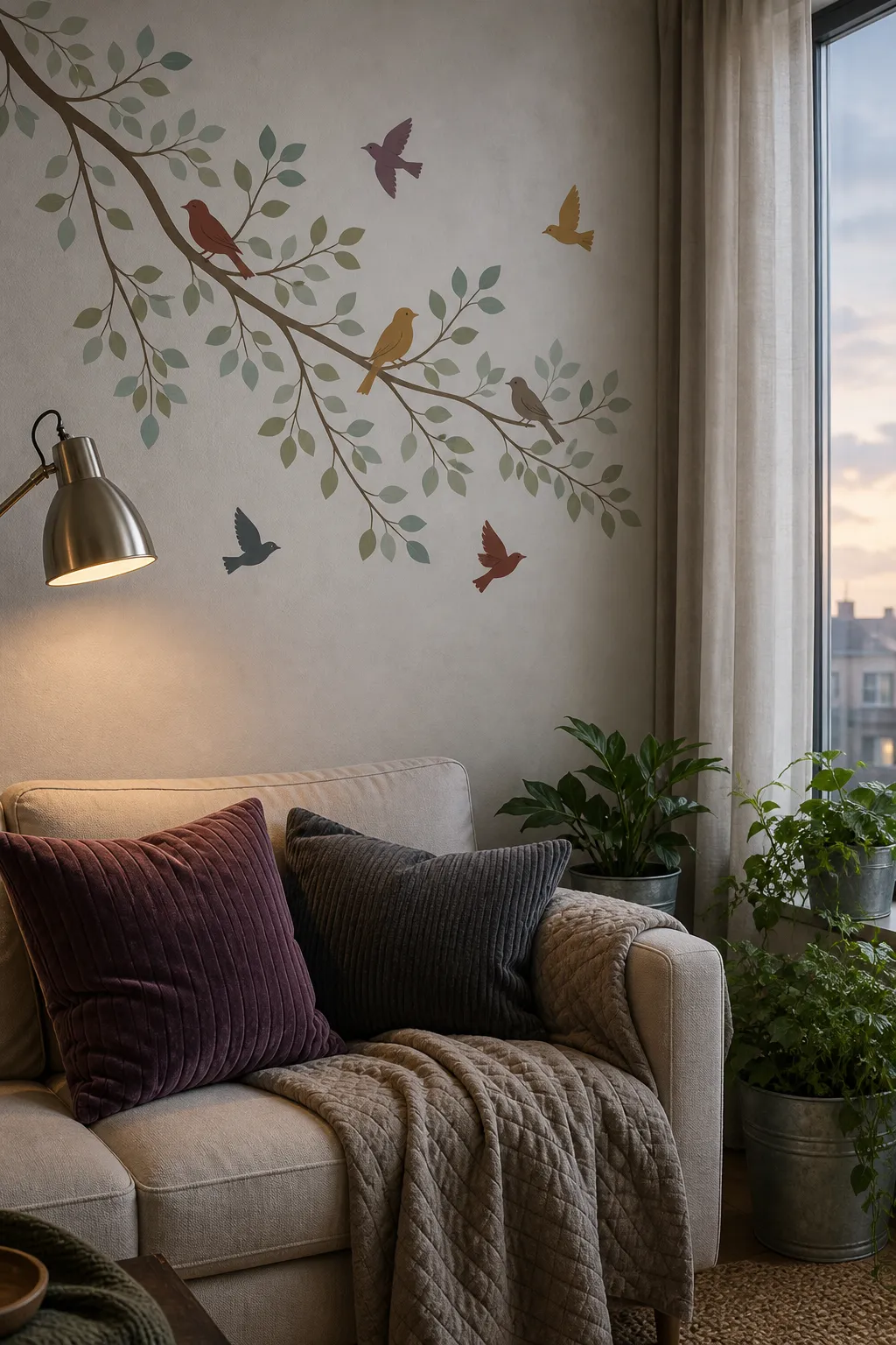 Songbird branch wall decal decorating a cozy reading nook