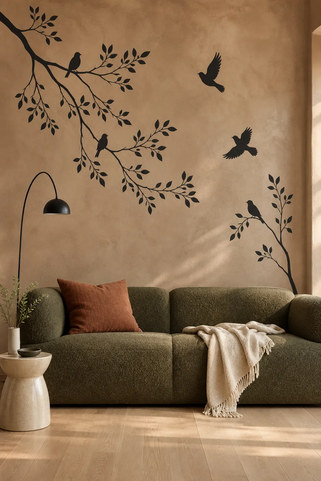 Bird-and-branch wall decal stretching across the wall above a living room sofa