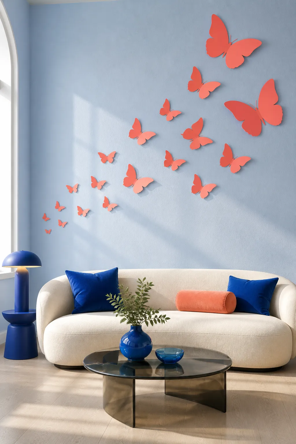 Coral butterfly decals adding a warm accent to a neutral living room wall