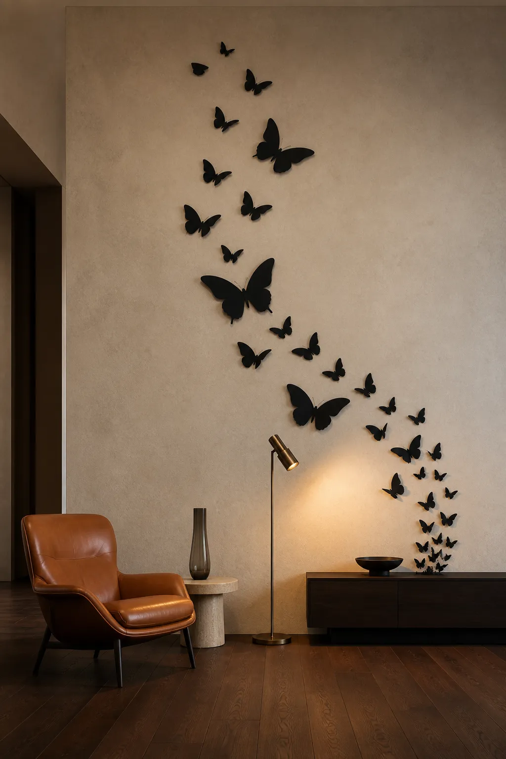 Black butterfly decal swarm creating a dramatic living room feature wall