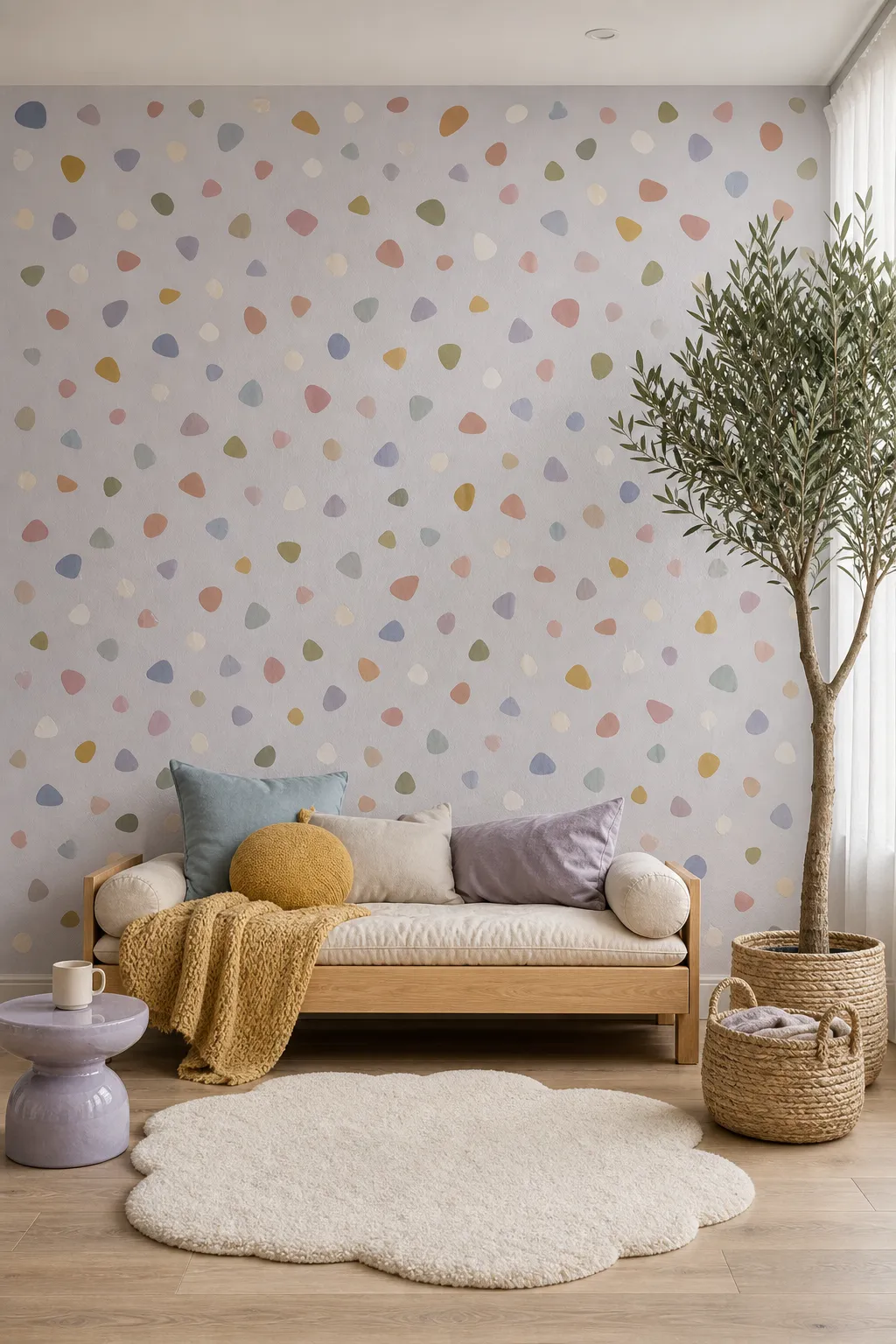 Pastel terrazzo-shaped decals scattered across a bright lounge wall