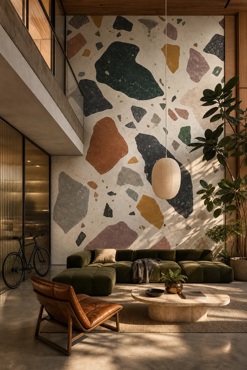 Oversized colorful terrazzo mural decal covering a bold living room feature wall