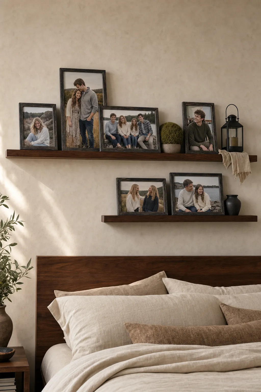 Rustic walnut photo ledge displaying layered family photographs in a warm bedroom