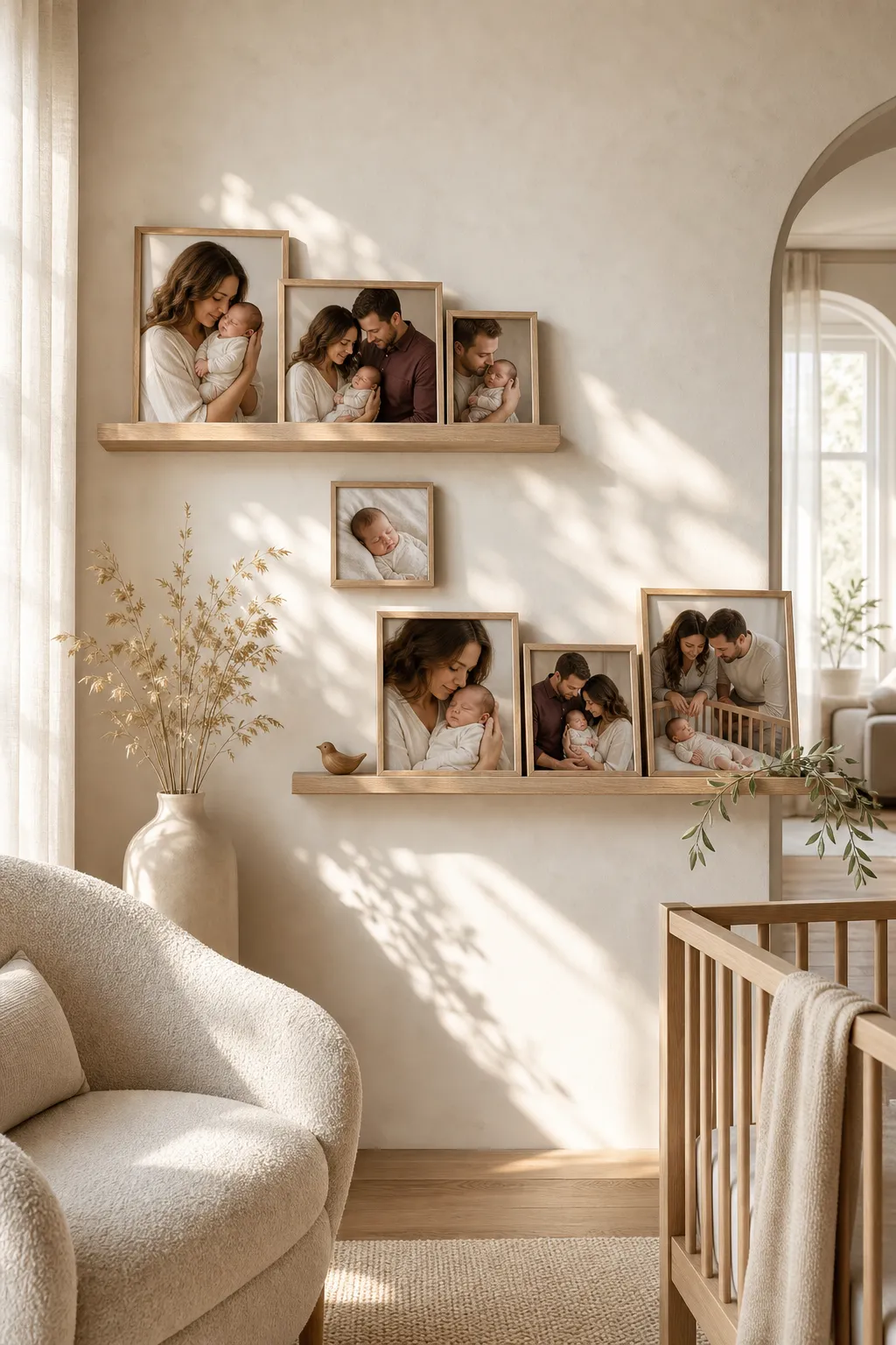 Sunlit nursery wall gallery featuring softly framed family portraits