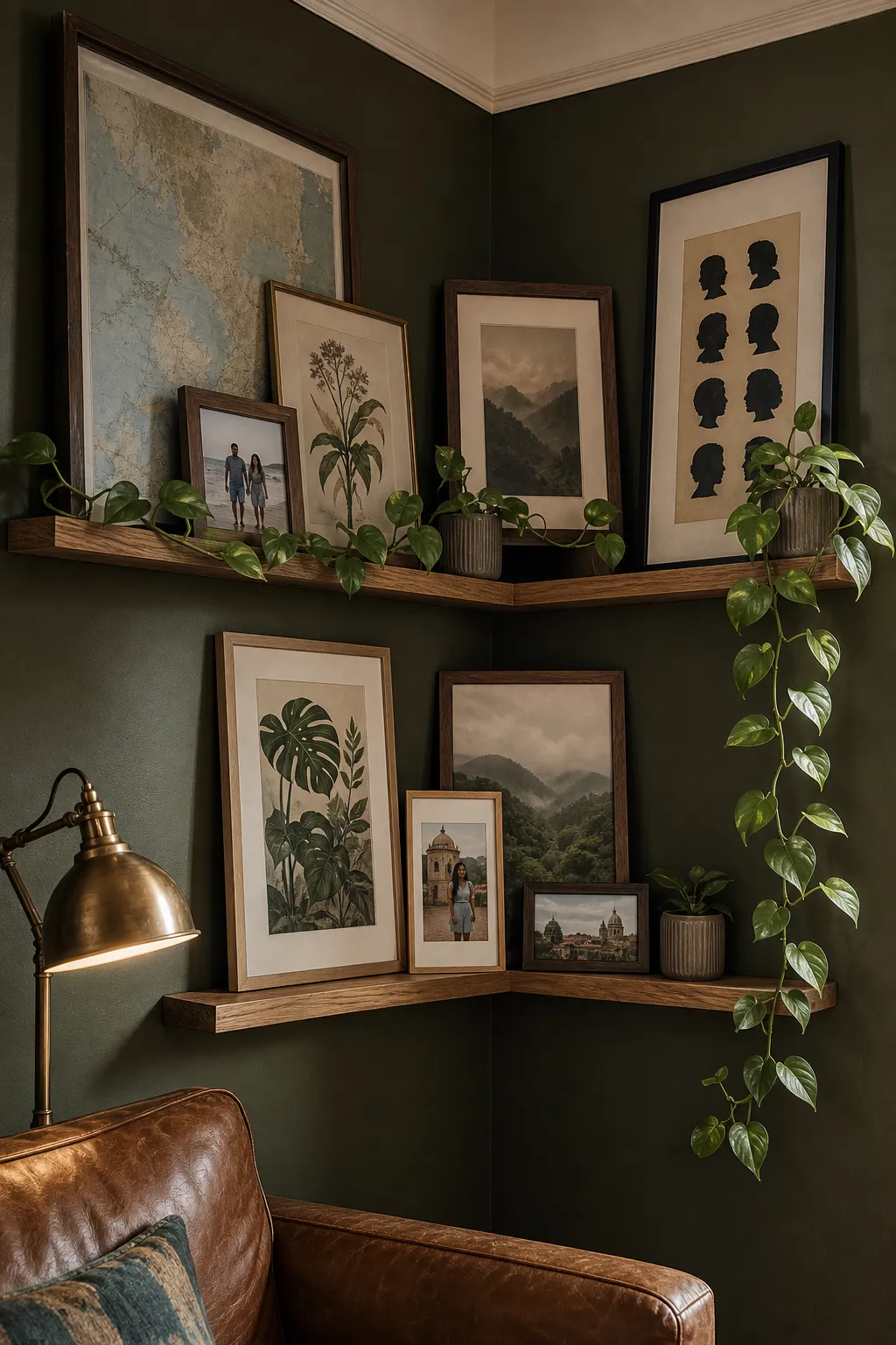 Botanical corner decorated with travel photographs, keepsakes, and leafy plants