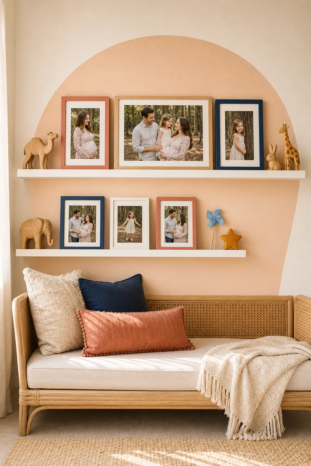 Colorful family picture ledge styled with photographs and playful decor in a kids room