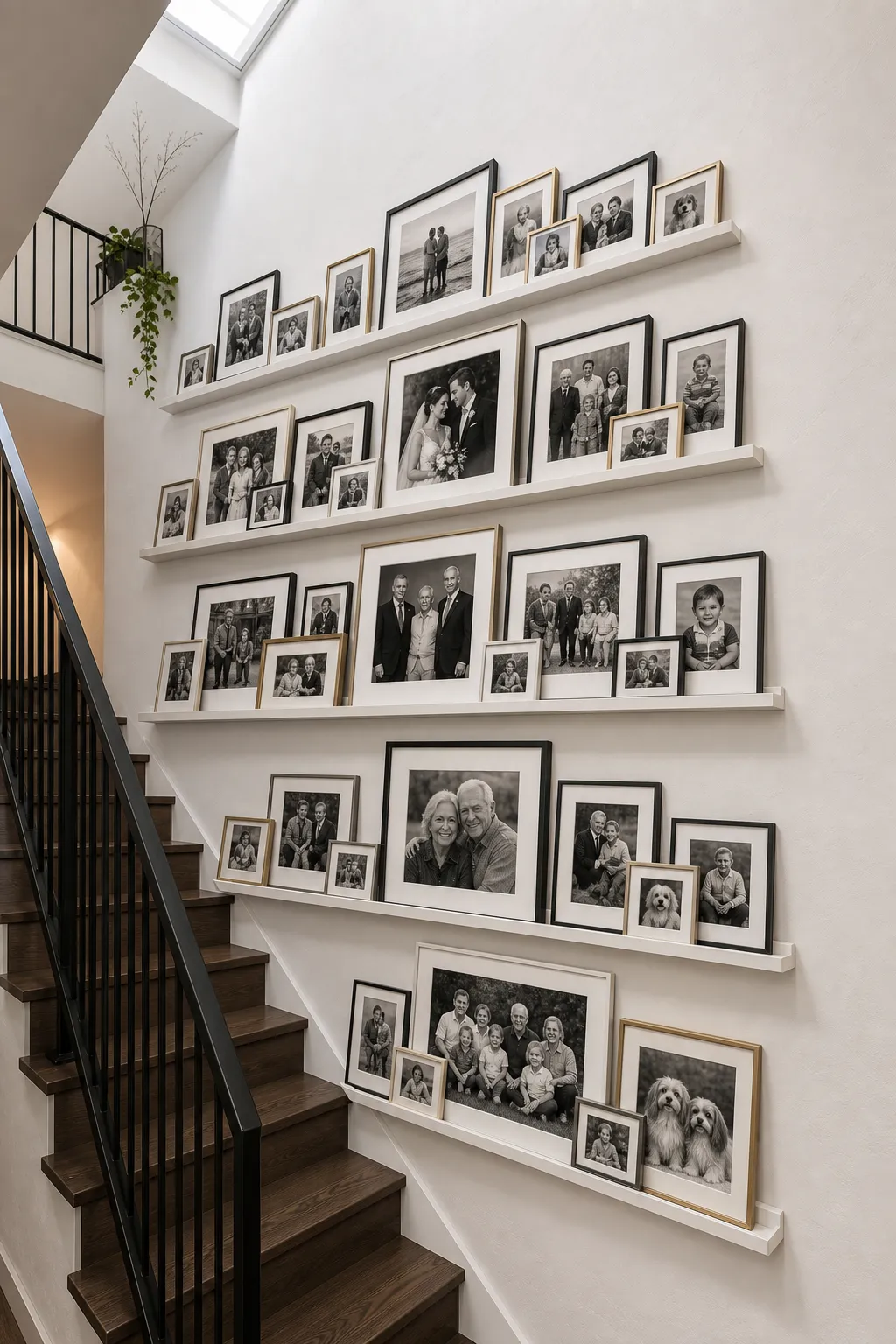 Stairway wall lined with framed black-and-white family photography