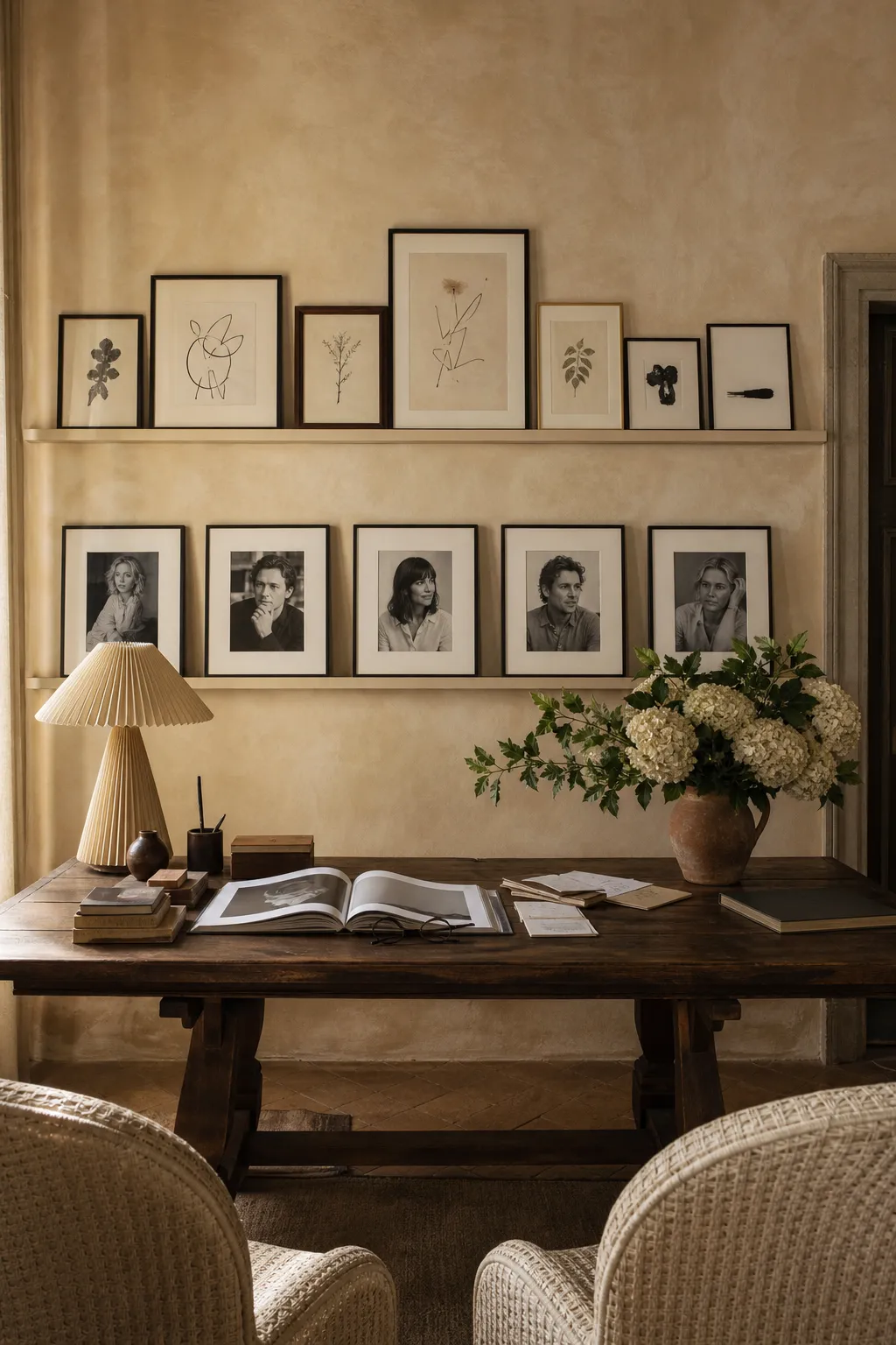 Home office wall featuring a collected display of vintage photographs and artwork