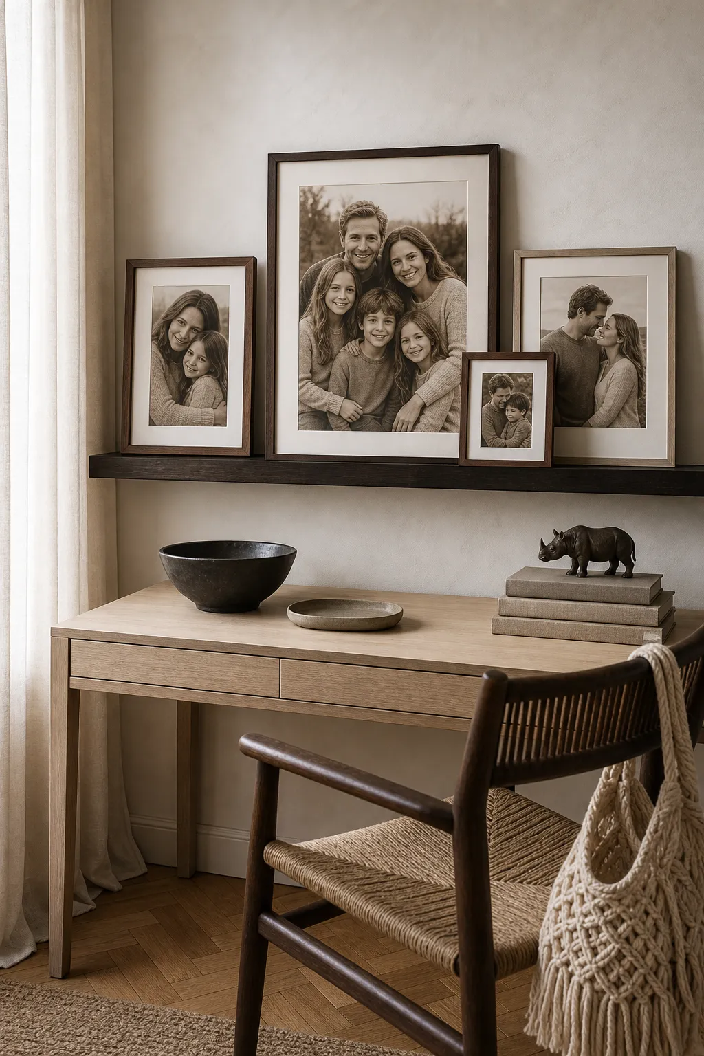 Minimal family photo ledge mounted above a light Scandinavian-style desk
