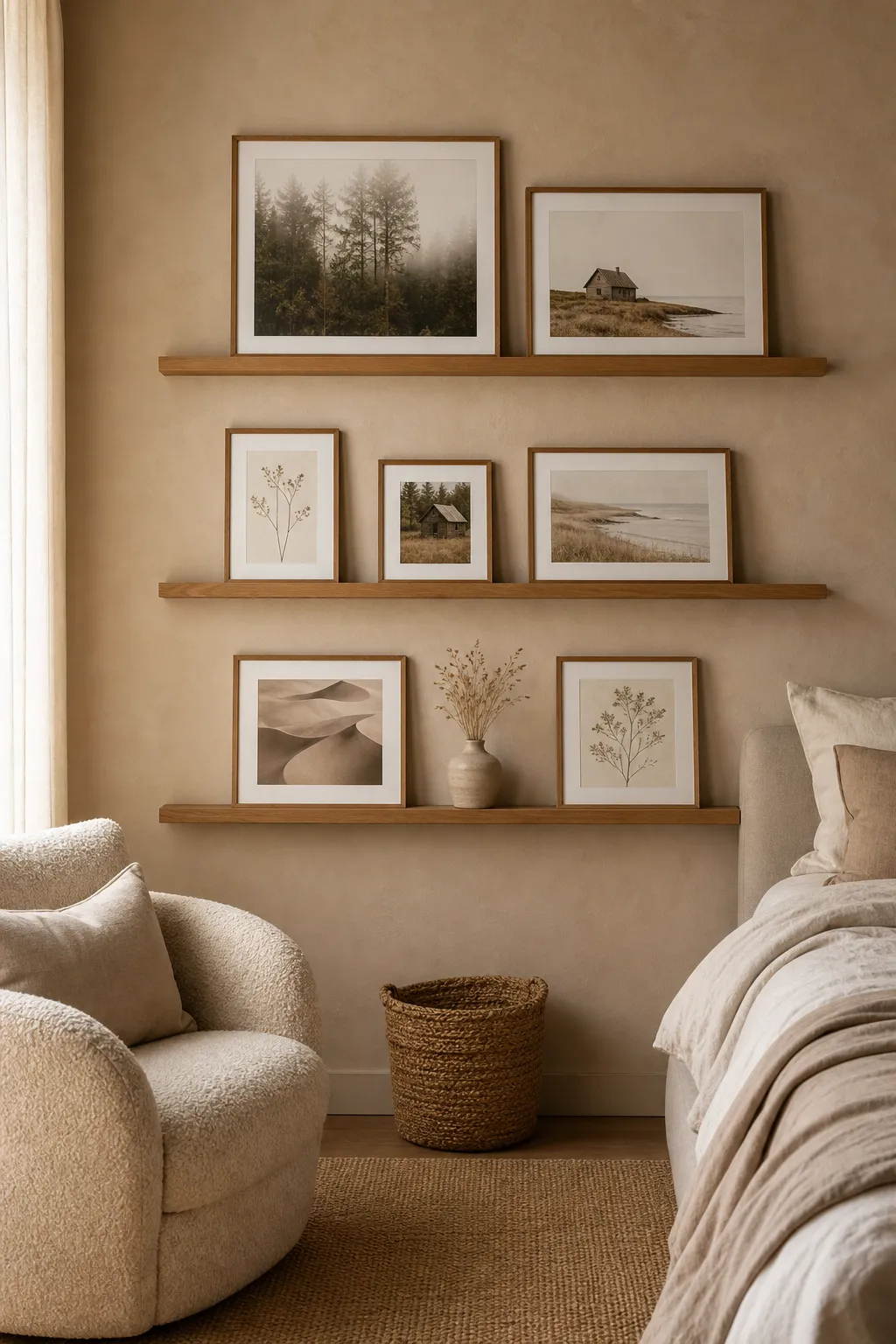 Three neutral picture ledges arranged with framed nature prints and photographs