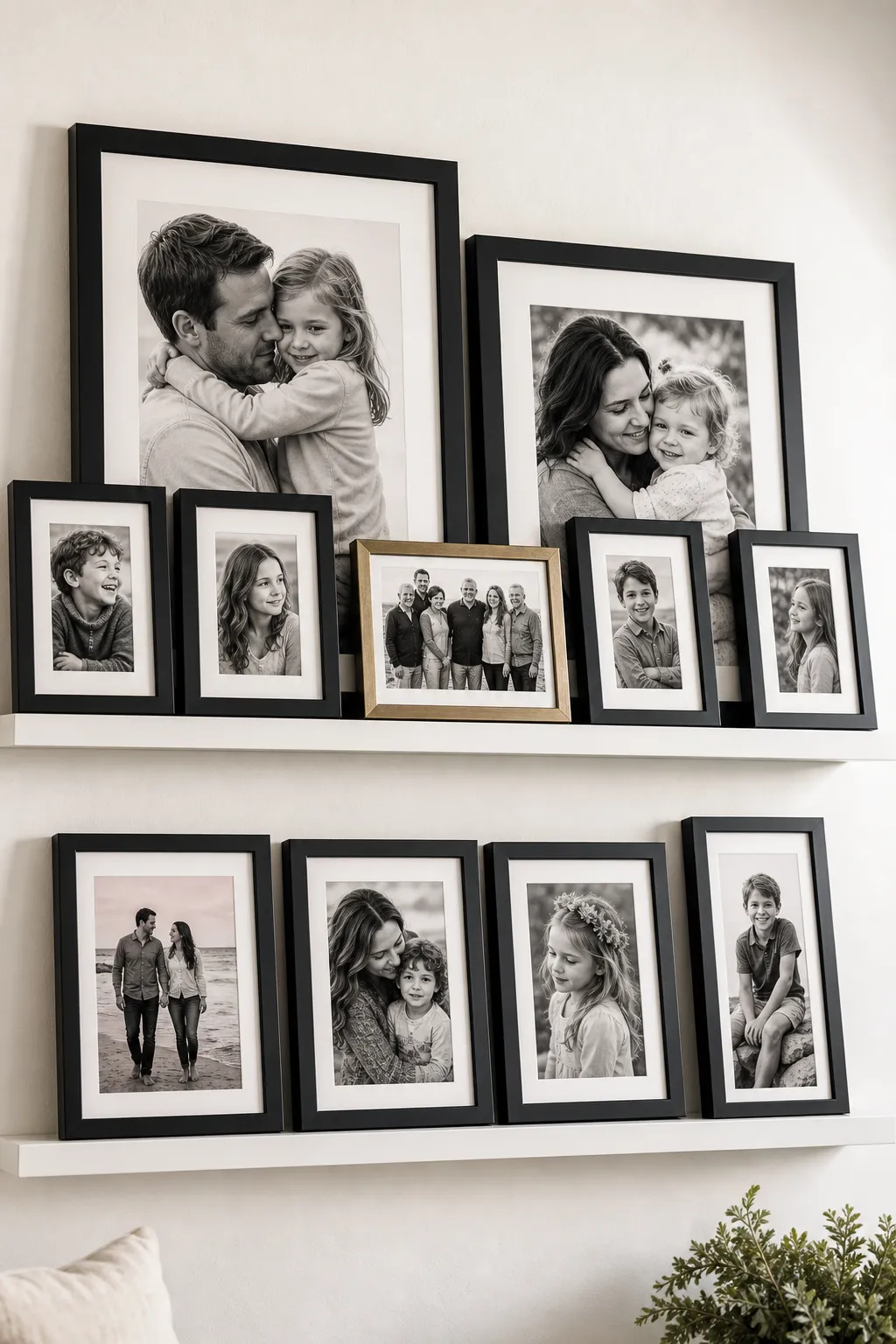 Family photographs unified in crisp black frames on a light wall