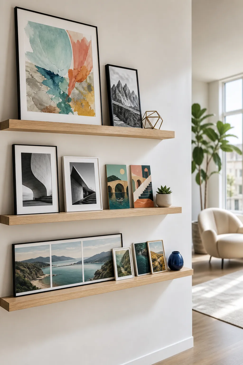 Blank wall brightened with three colorful ledges holding family photographs and art