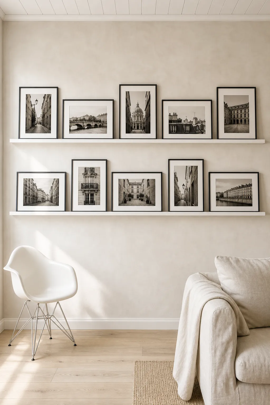 Calm living room with family photographs arranged in a minimal two-row layout