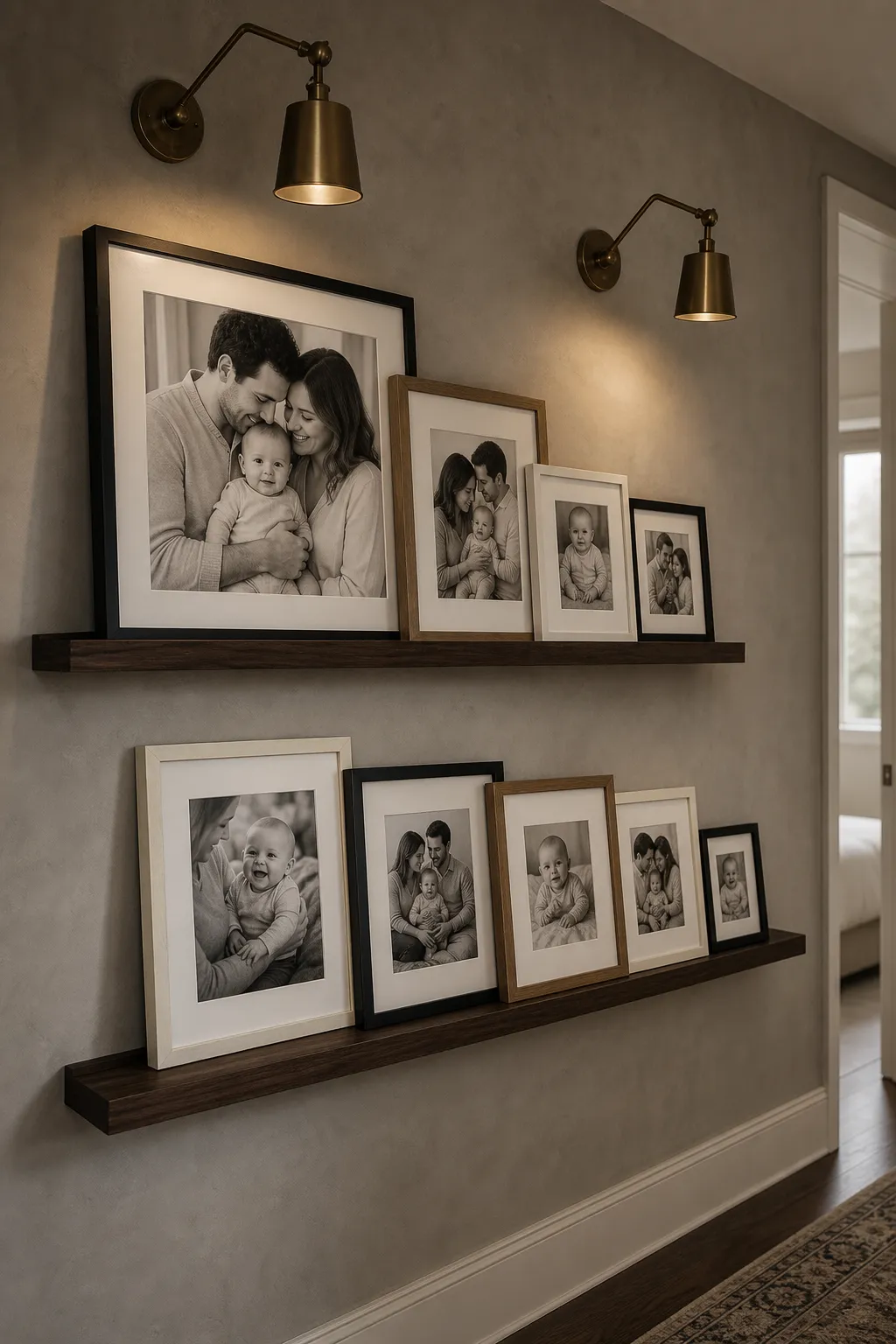 Family photo gallery framed by a pair of warm vintage wall sconces