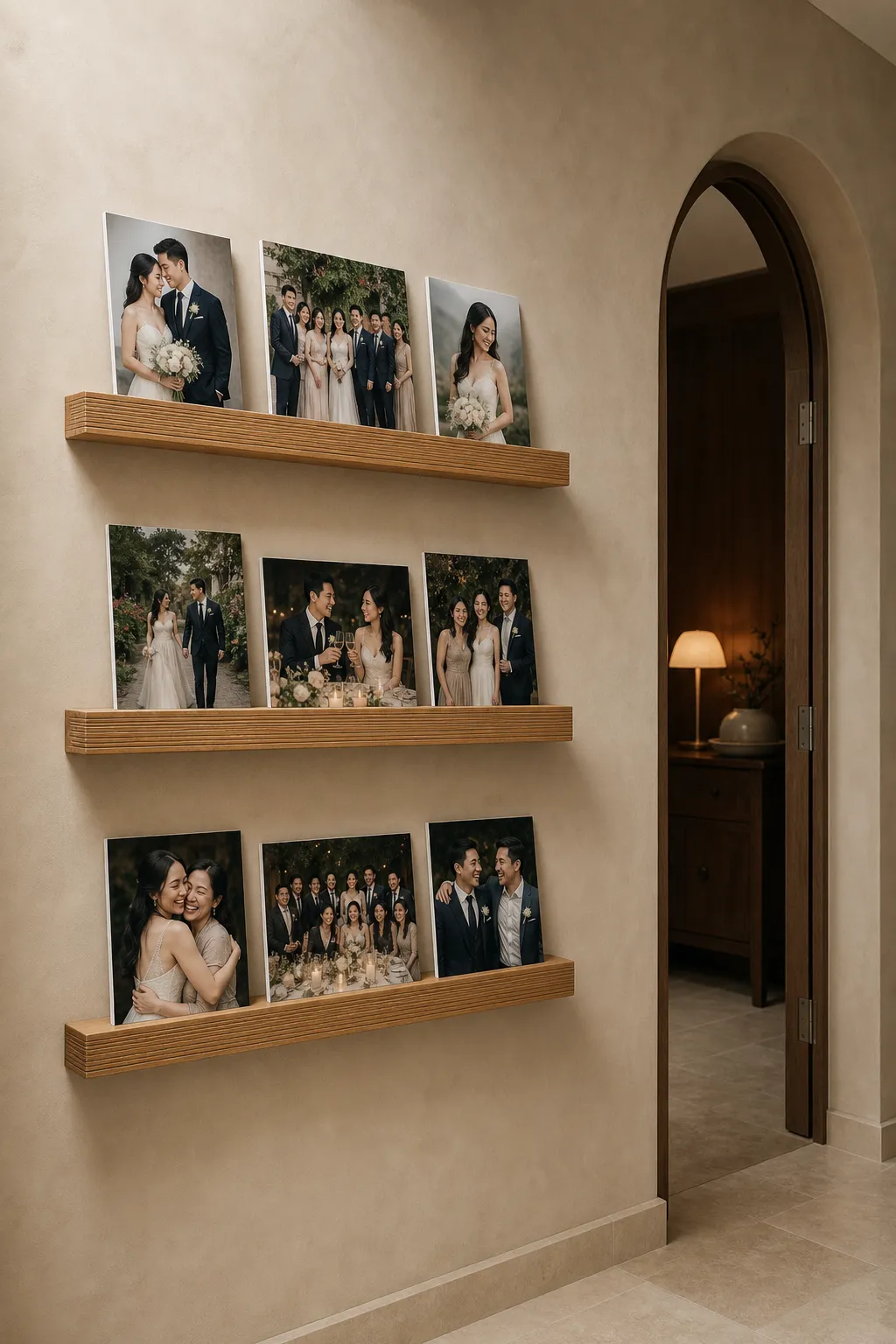 Narrow hallway lined with framed wedding photographs and keepsakes