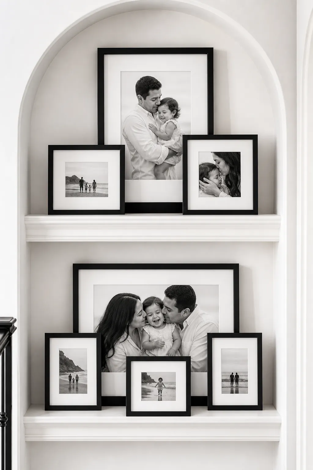 Layered black frames displaying family photographs in a classic collected arrangement