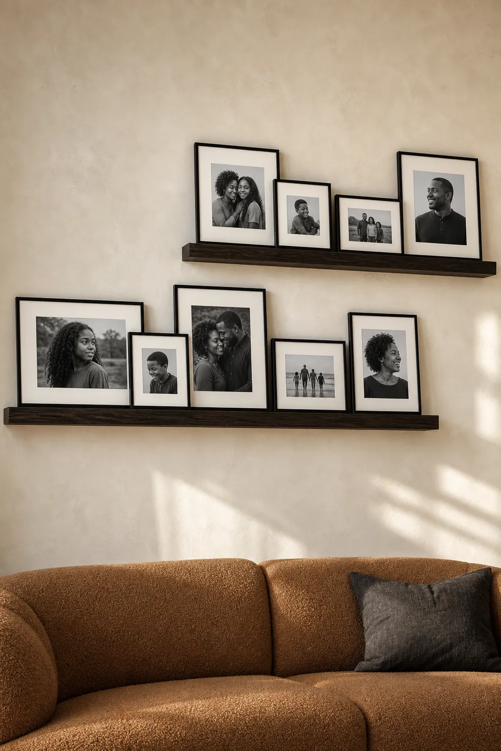 Staggered photo ledges filled with framed family pictures above a sofa