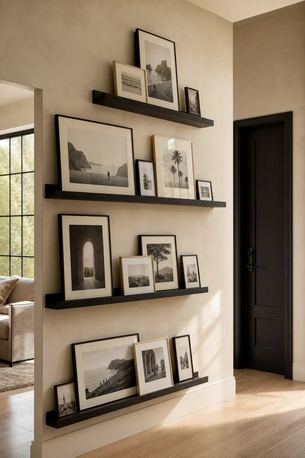 Black wood picture ledges displaying layered family photos and artwork on a gallery wall