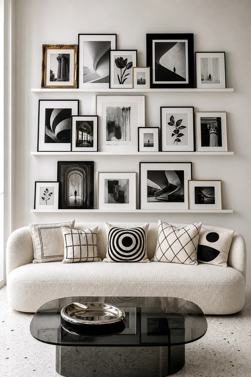 Monochrome family photo display arranged on picture ledges above a sofa