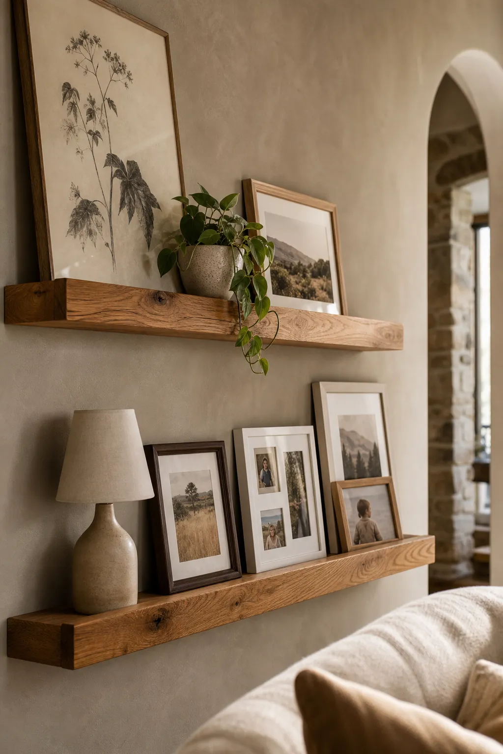 Warm oak picture ledge styled with family photos and natural decorative accents
