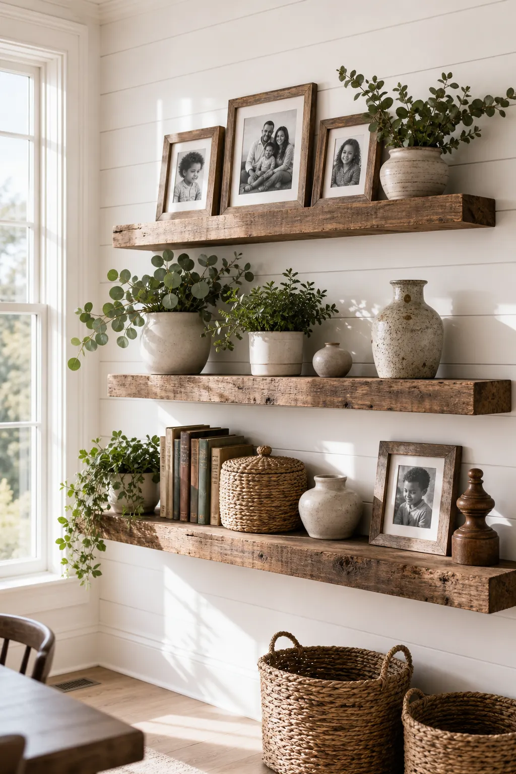 Sunlit farmhouse photo display with rustic frames arranged on a picture ledge