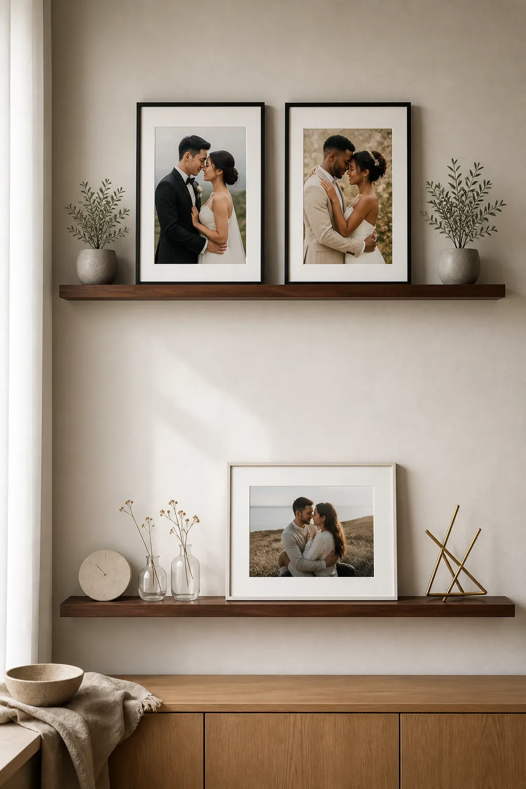 Wedding photographs displayed in a simple minimal arrangement on a slim picture ledge
