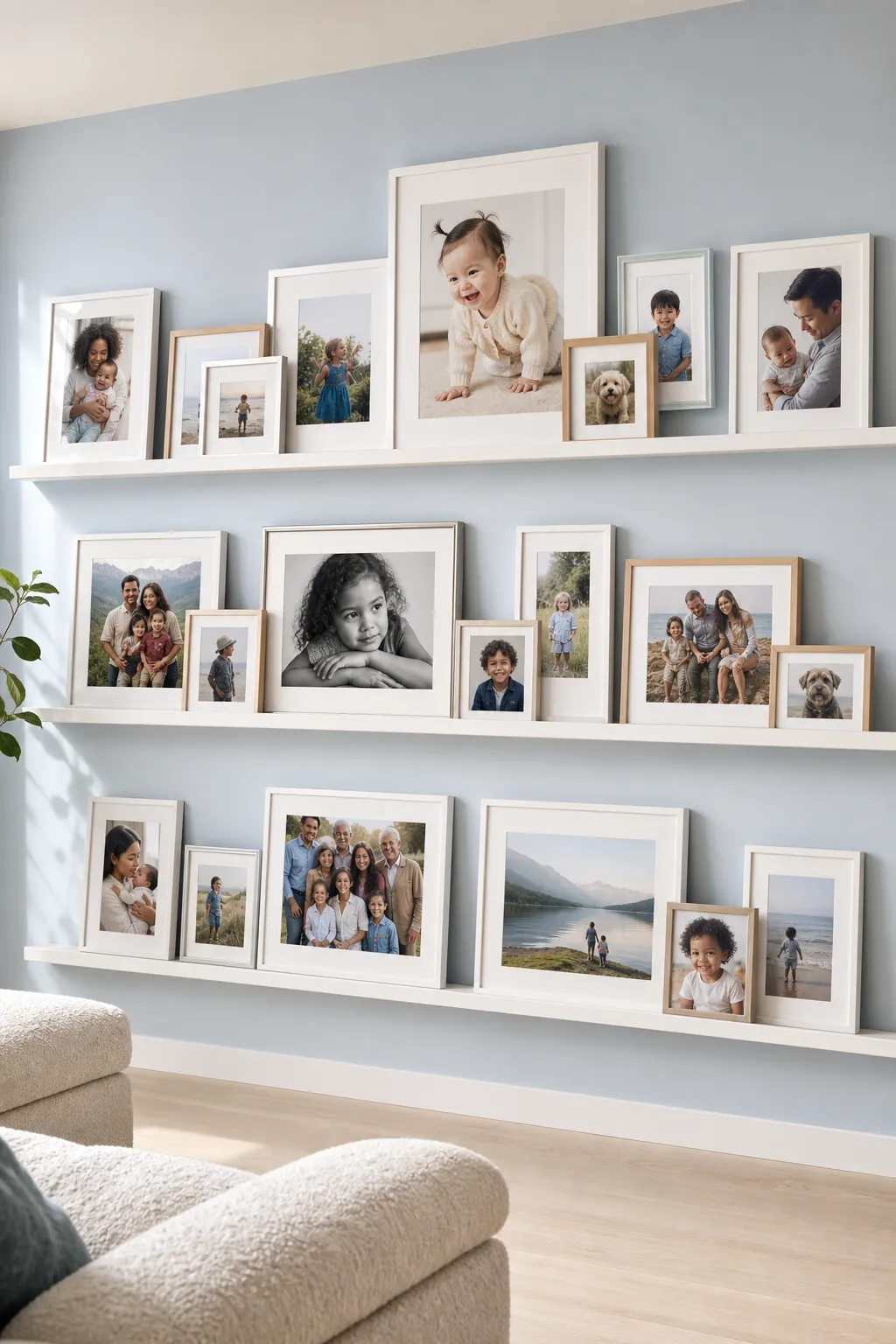 Three white picture ledges arranged vertically with family photos in an airy gallery