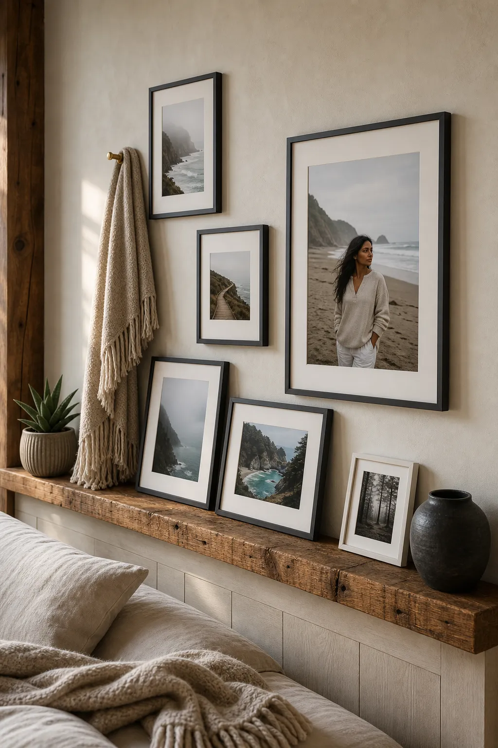 Rustic wood picture ledge with family photos in a calm coastal-style bedroom