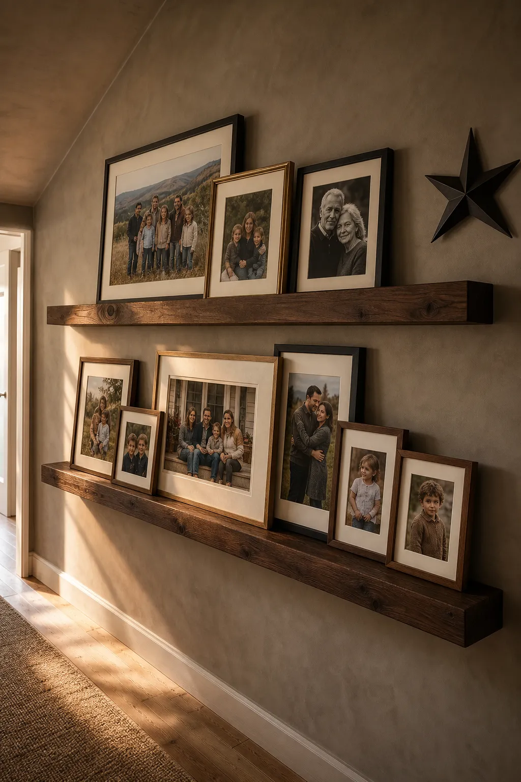 Two farmhouse picture ledges displaying family photos in warm wood frames