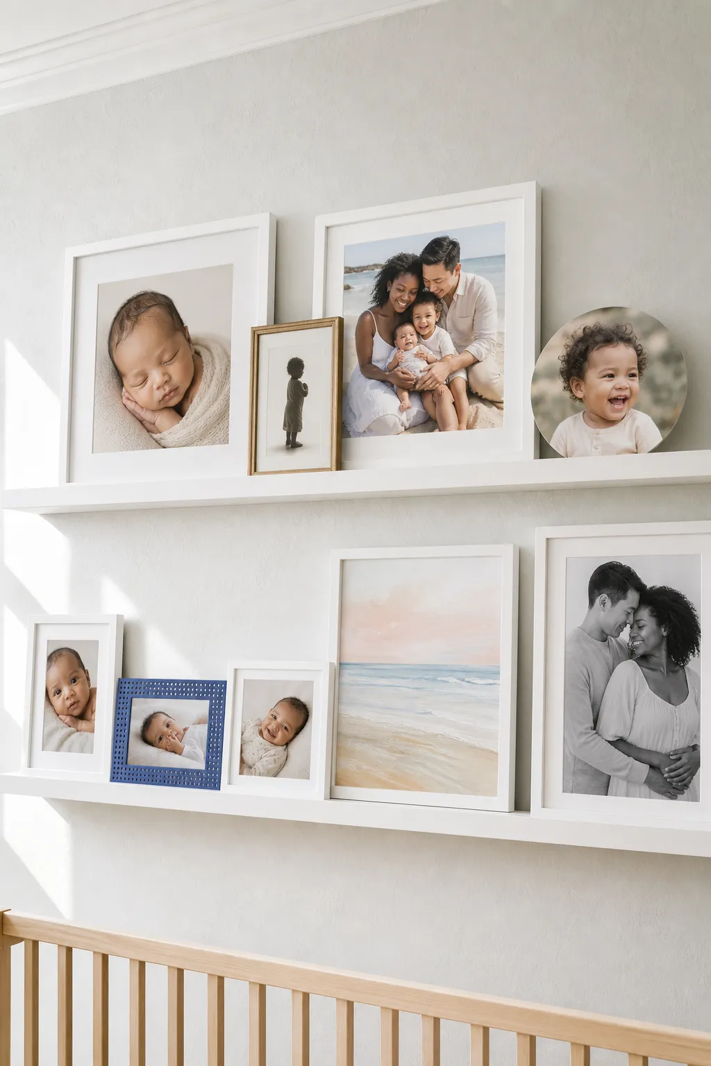 Baby pictures in light frames arranged on a bright white nursery picture ledge