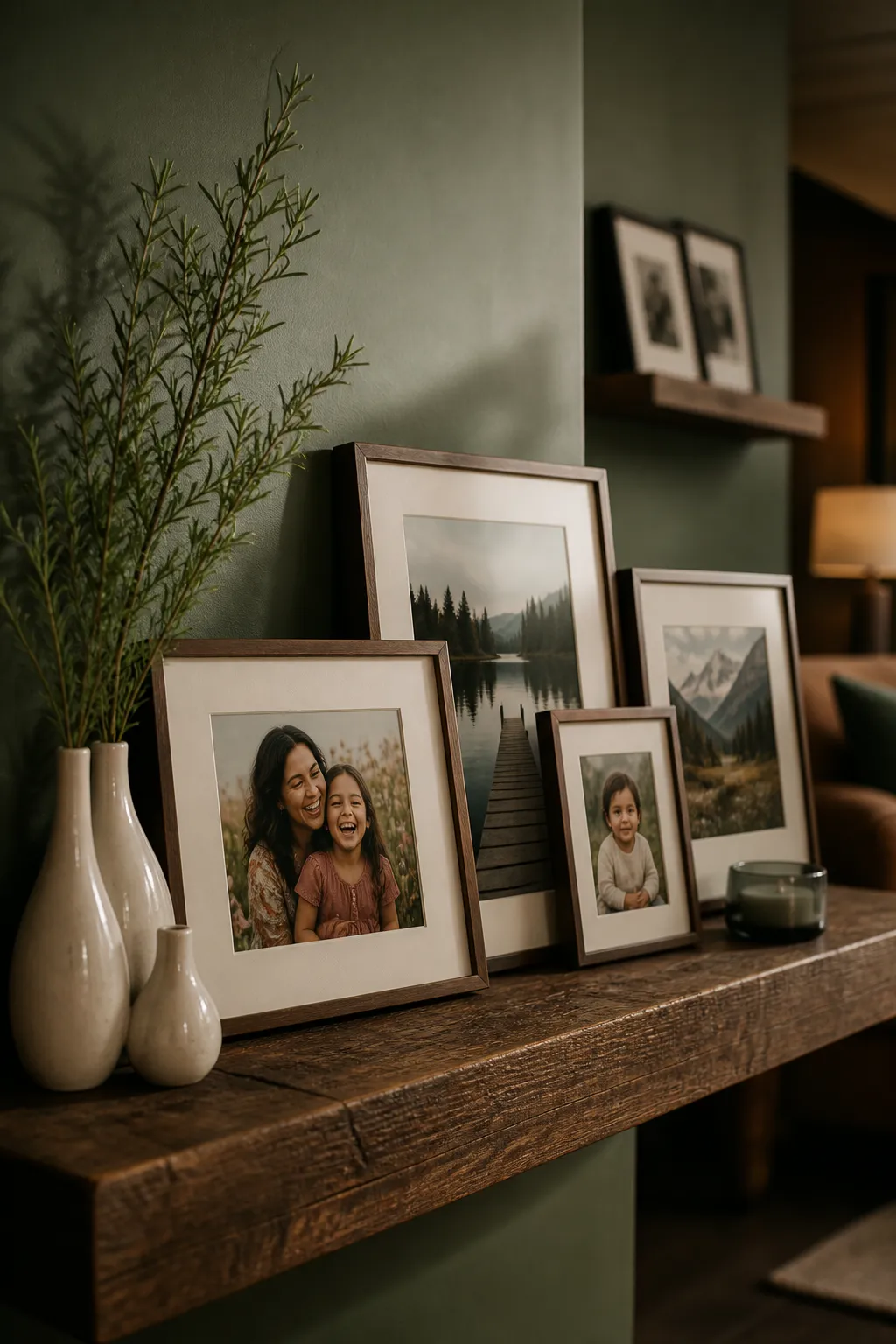 Modern rustic family photo ledge decorated with trailing green foliage
