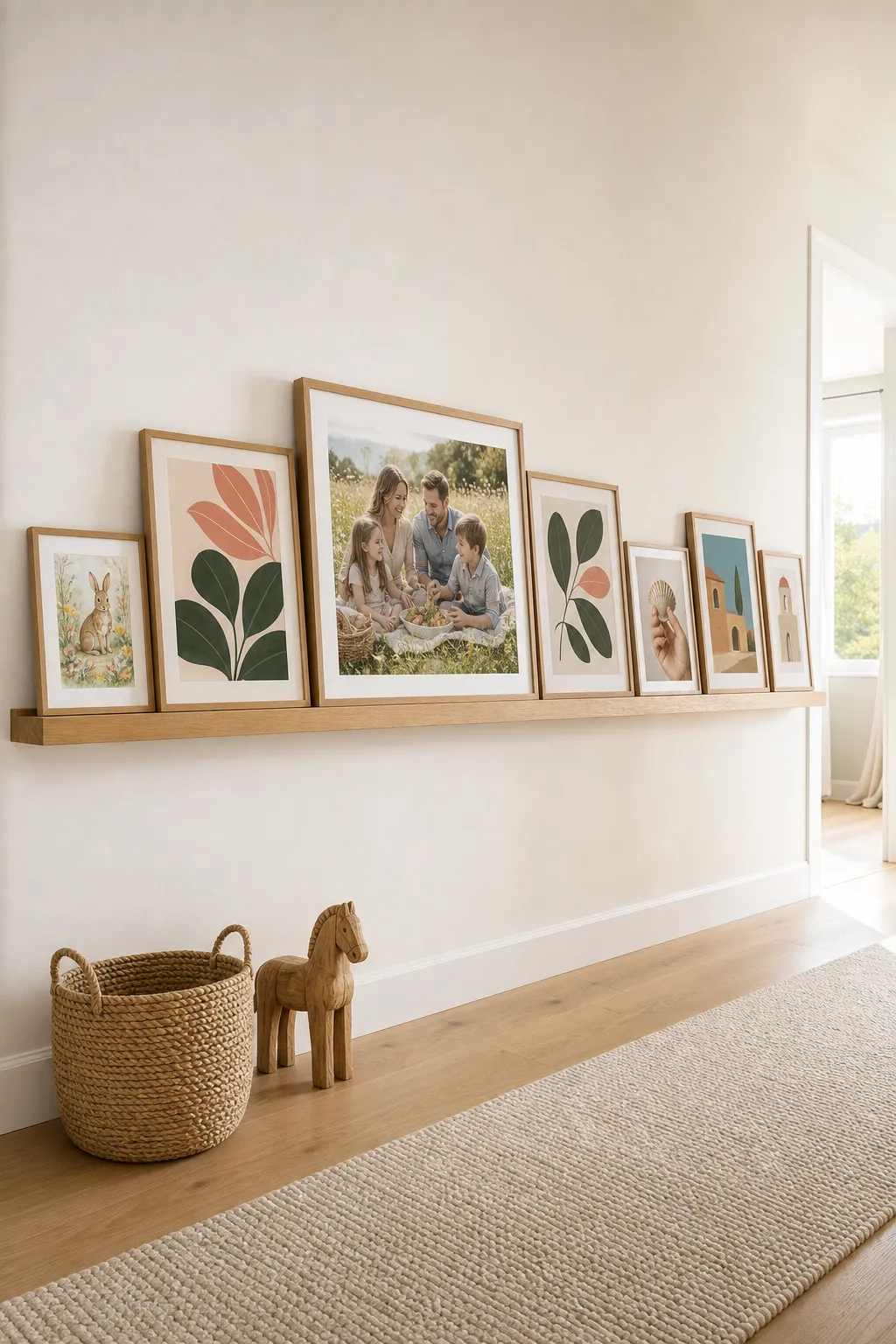 Scandinavian hallway styled with warm family photos on a streamlined picture ledge