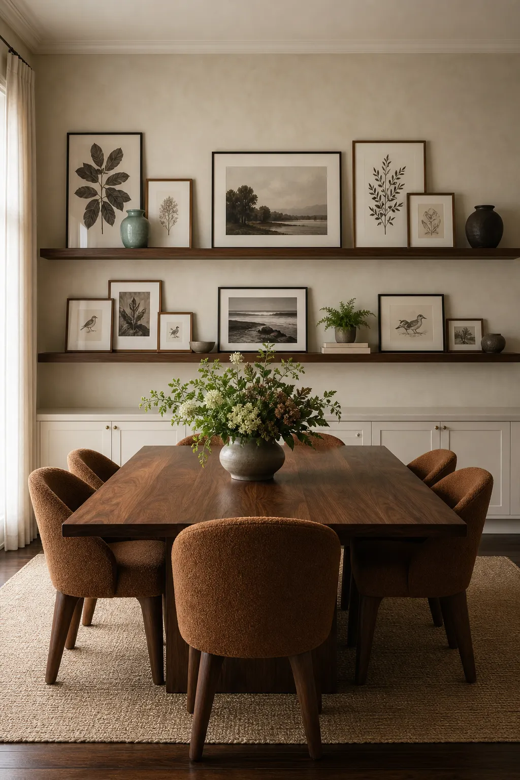Two picture ledges with framed family photos styled in a modern dining room