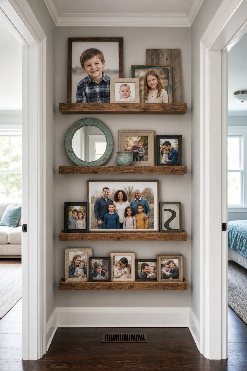 Rustic family photo ledges installed along the wall of a narrow hallway