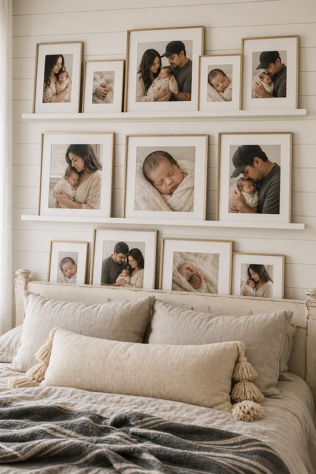 Neutral family photo ledge centered above a bed with softly colored frames