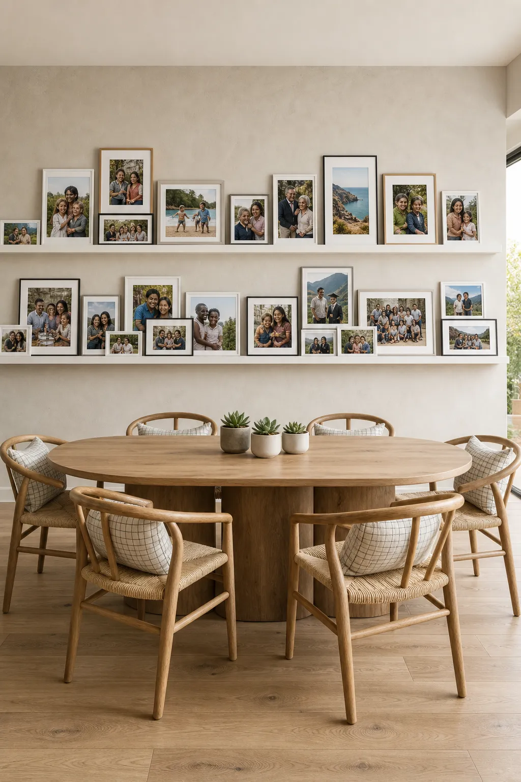 Two rows of picture ledges displaying family photos in a cozy dining nook