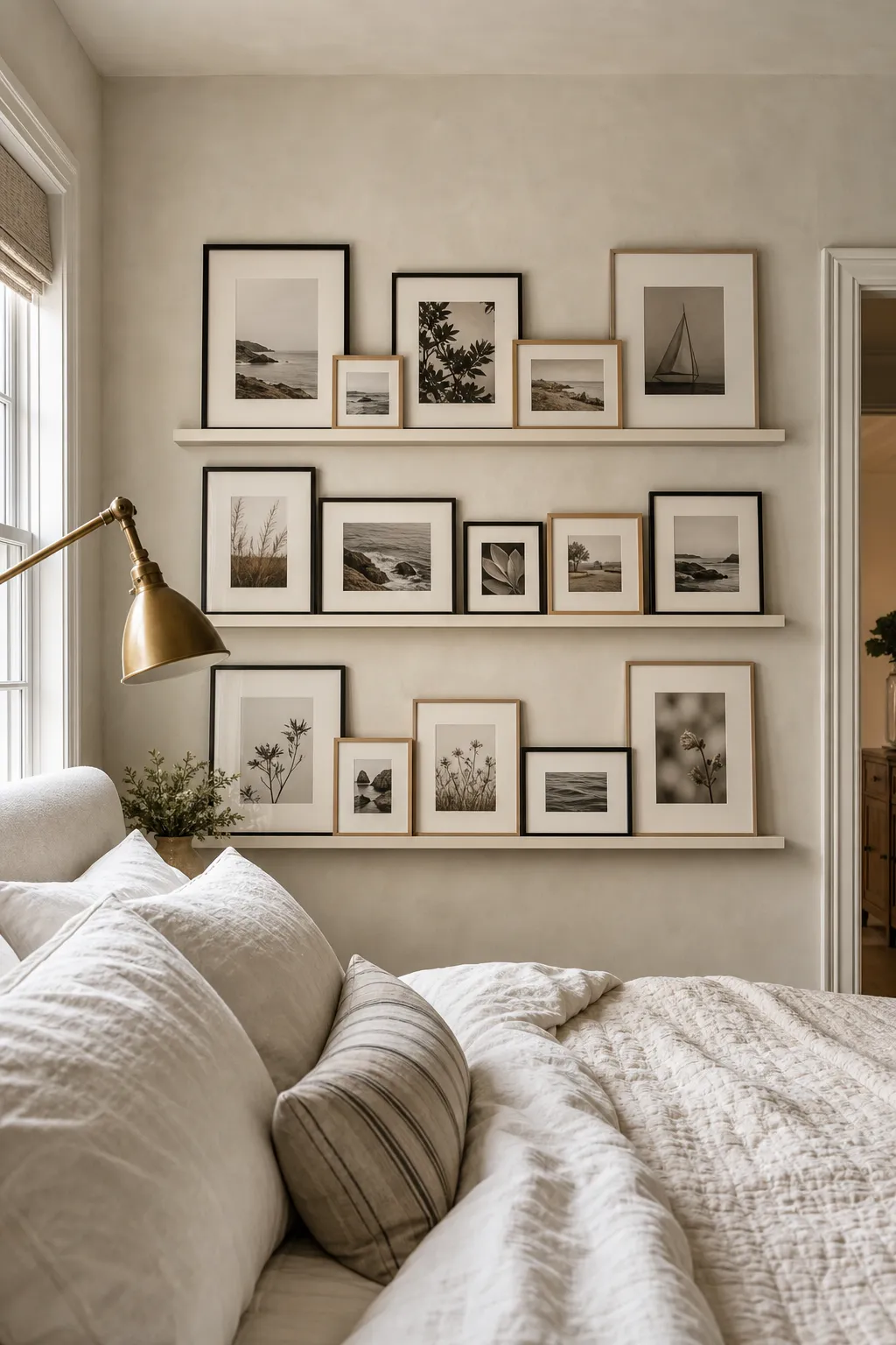 Layered framed artwork displayed on a photo ledge above a relaxed bedroom