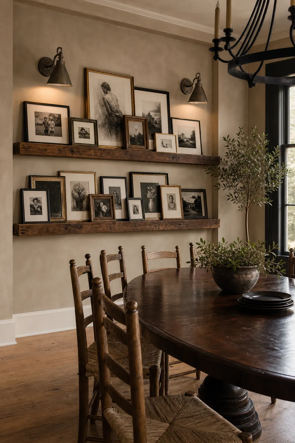 Rustic dining room photo ledge styled with collected framed art and natural accents