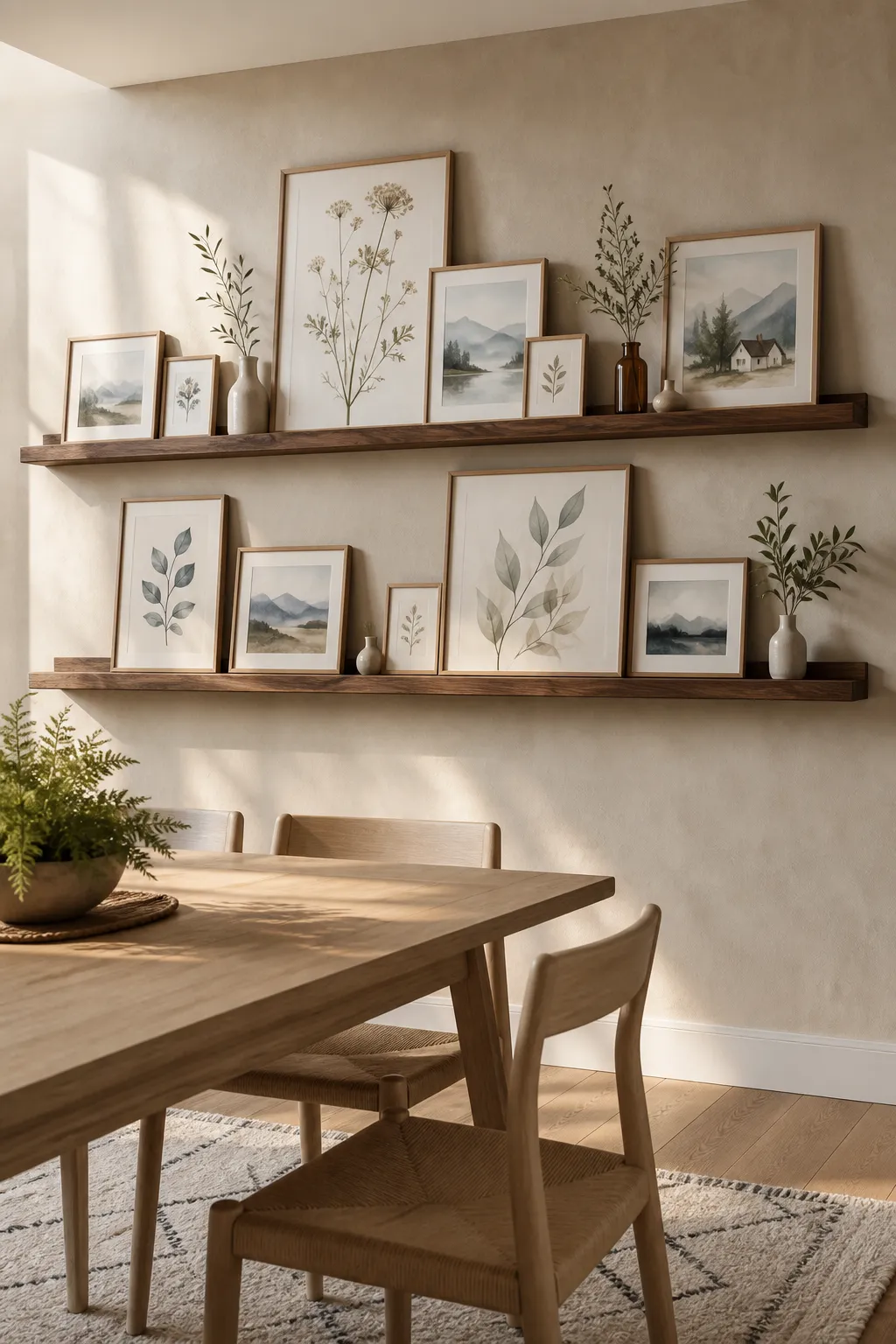 Wooden dining room ledge displaying layered botanical prints in natural frames