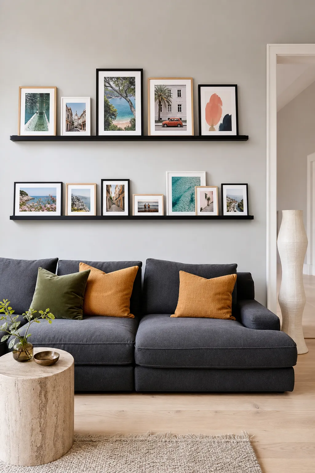 Modern black photo ledge with monochrome artwork above a gray sofa