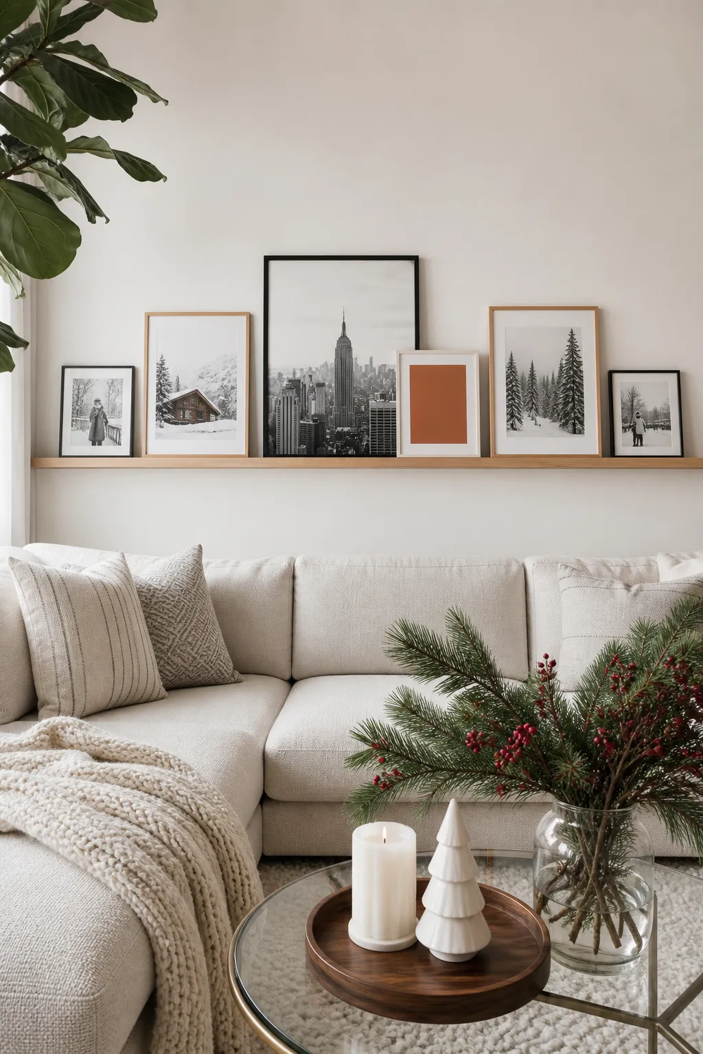 Living room photo ledge styled with minimal framed art and subtle winter decor