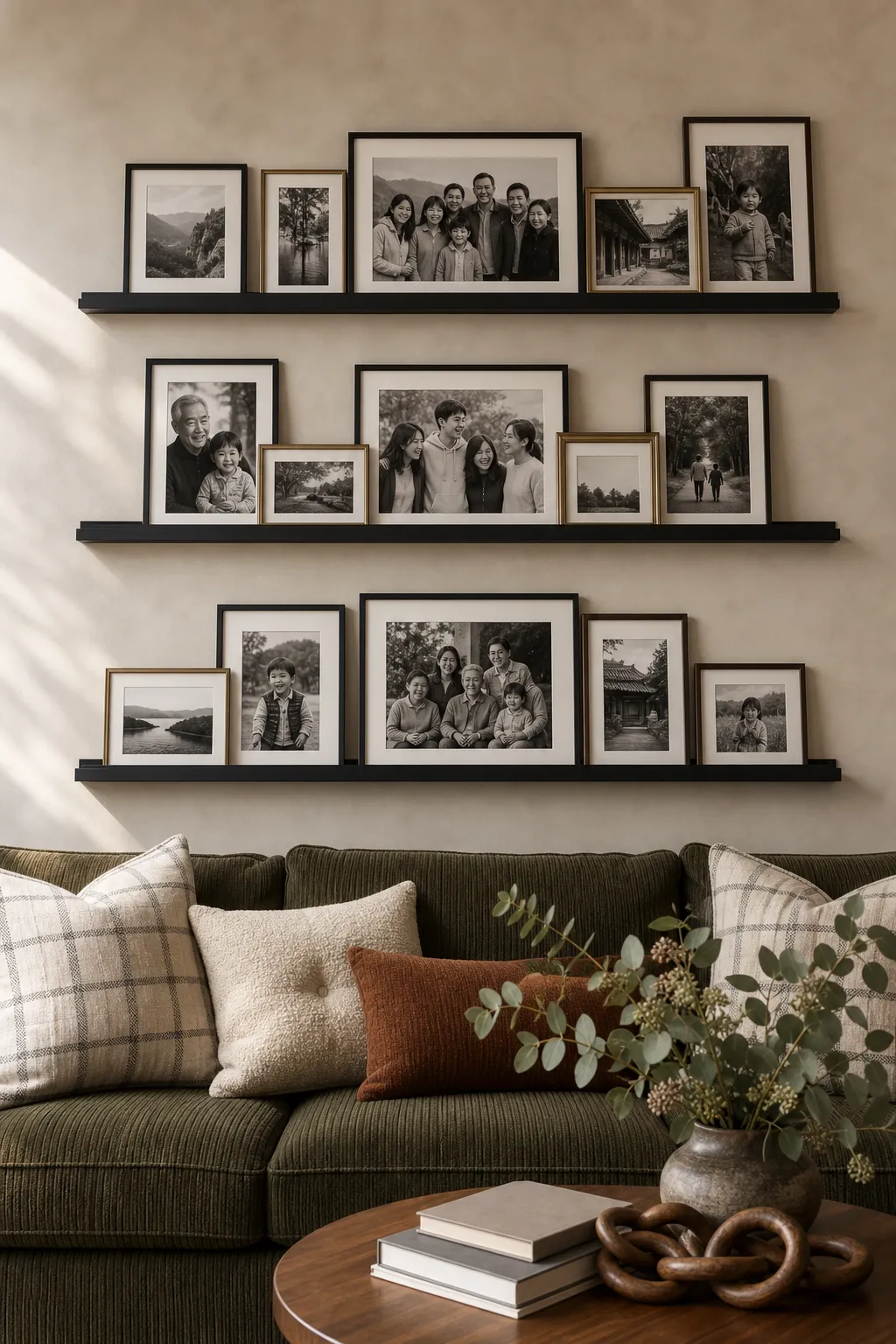 Black living room photo ledge layered with dark framed artwork and moody decor