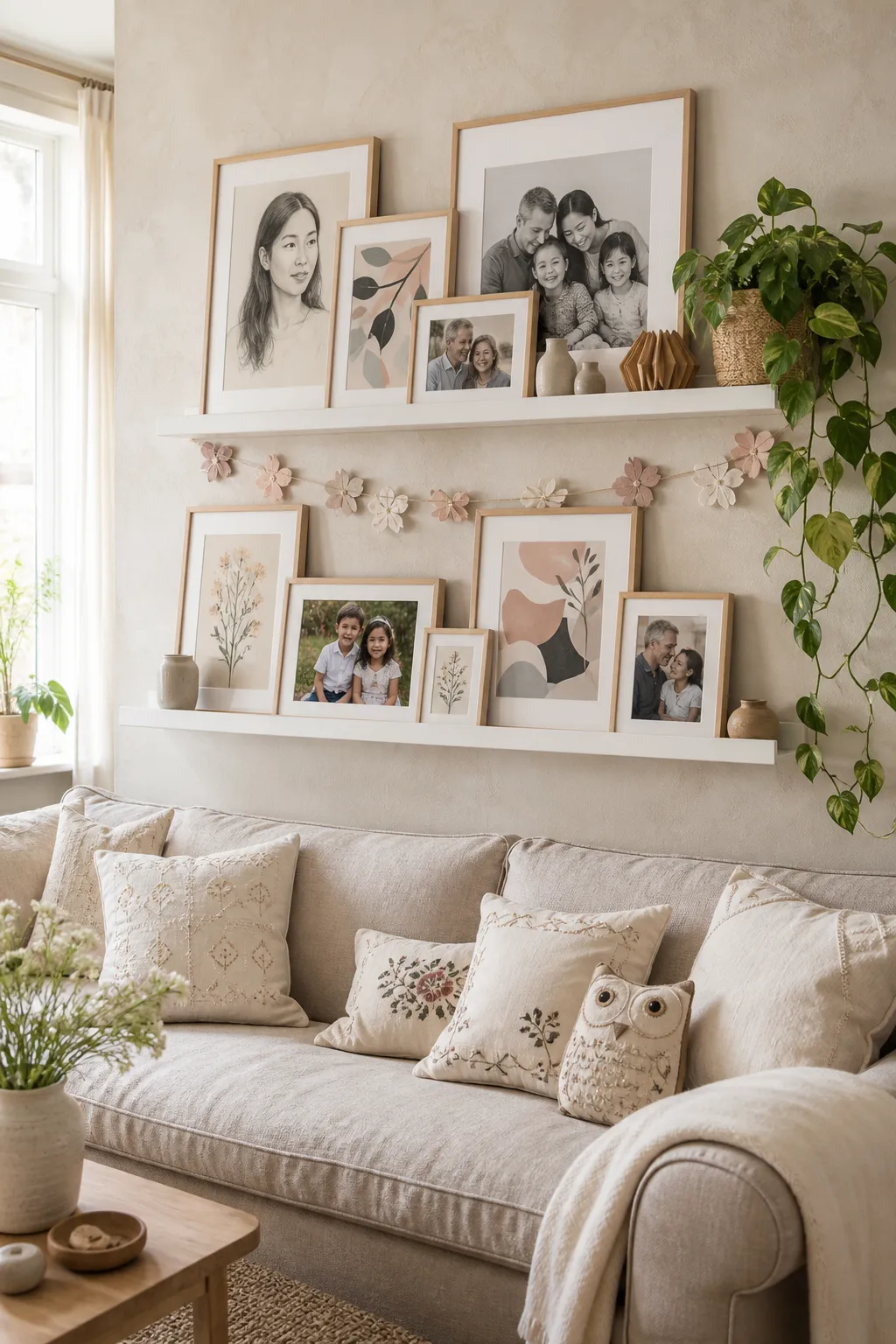Airy white photo ledge displaying pale neutral artwork in a bright home