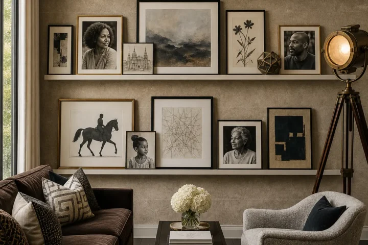 Three-tier wall gallery filled with eclectic framed prints and mixed artwork
