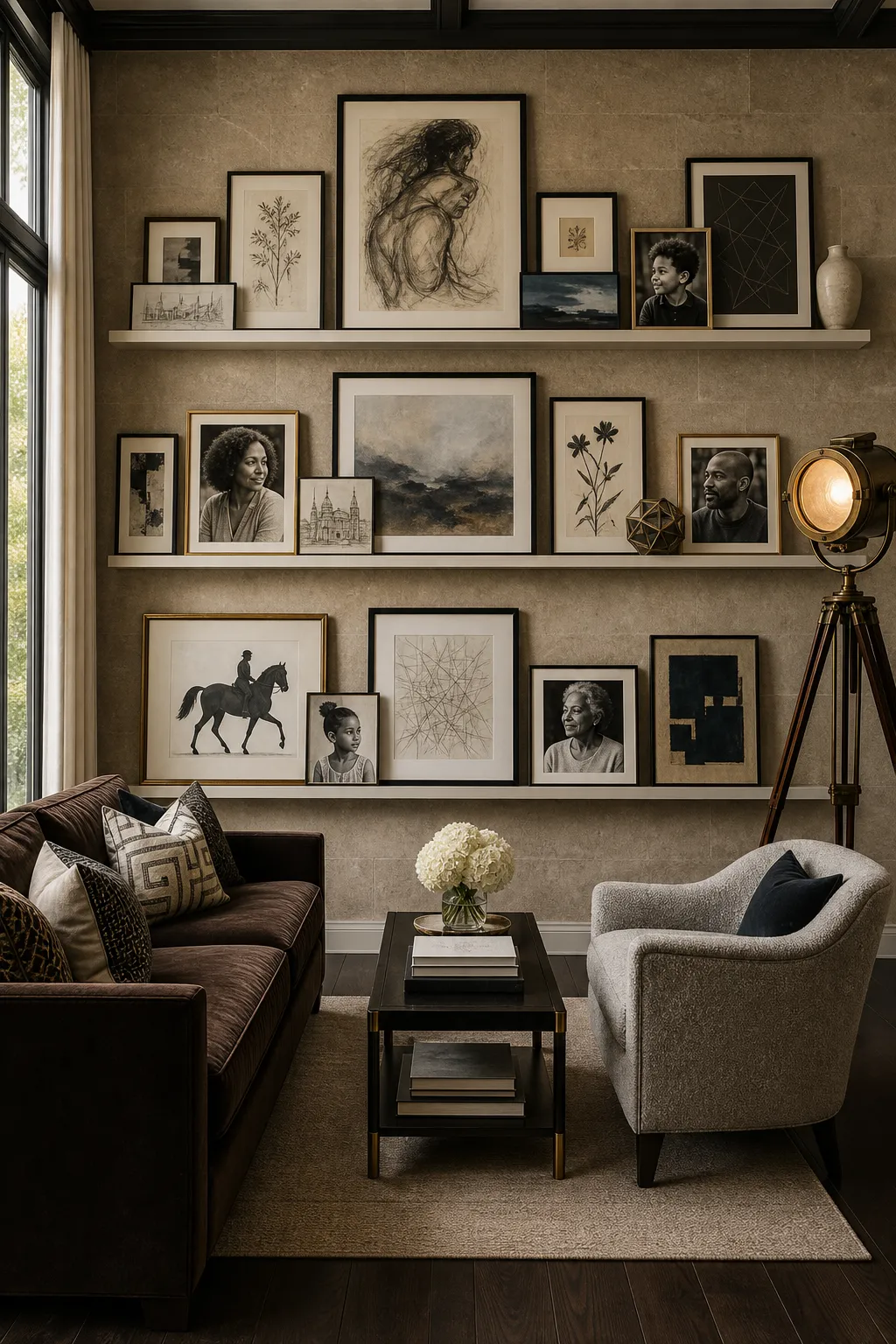 Three-tier wall gallery filled with eclectic framed prints and mixed artwork