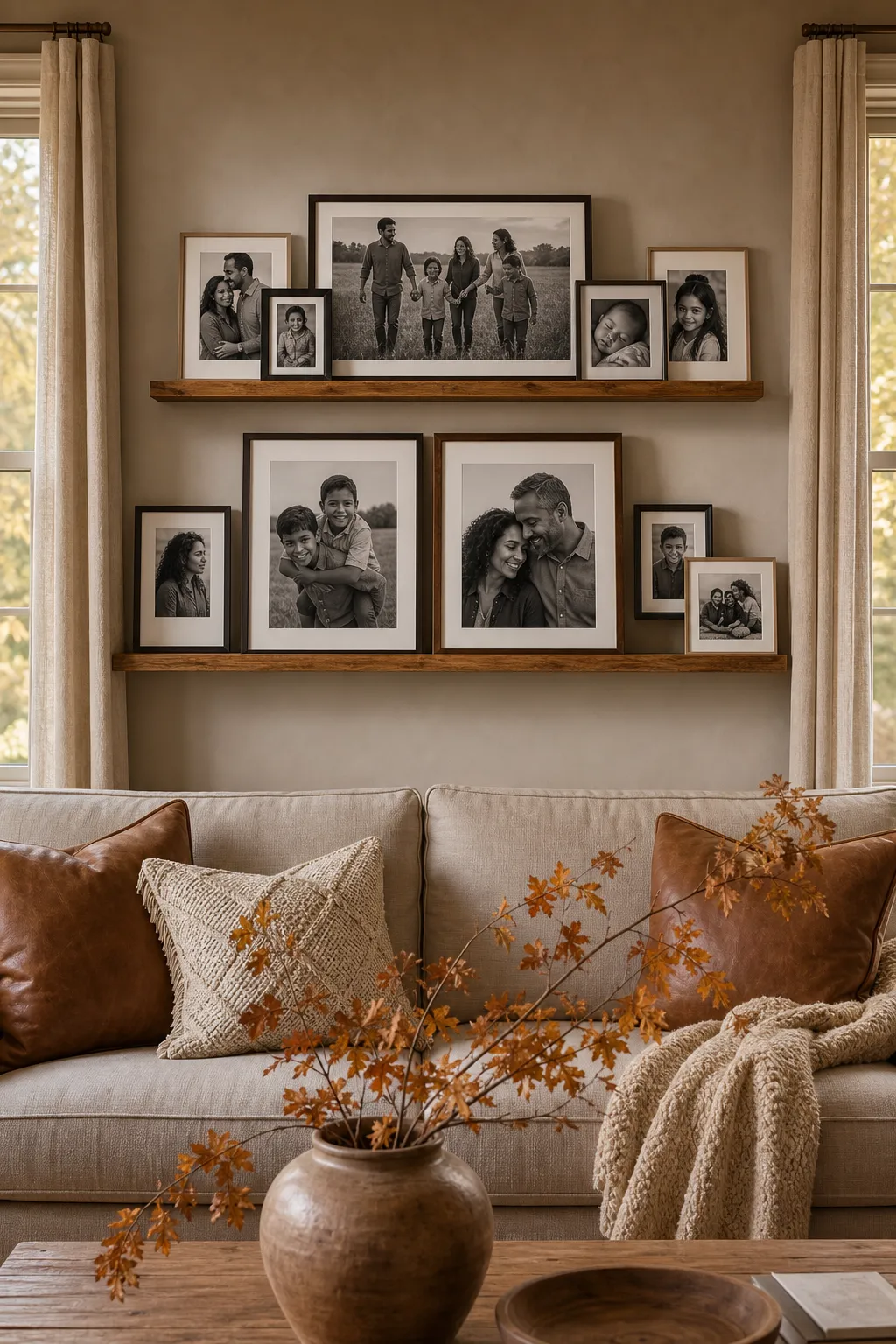 Warm wooden photo ledge with layered neutral artwork above a beige sofa
