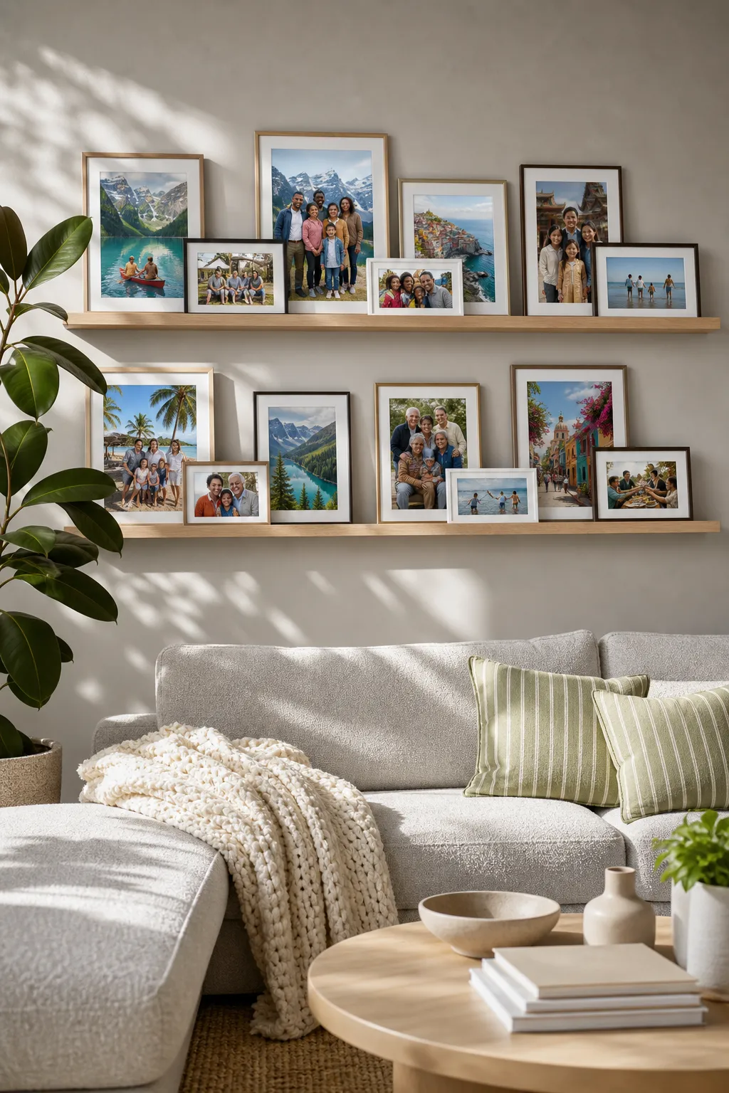 Sunlit oak photo ledge displaying colorful framed family photographs